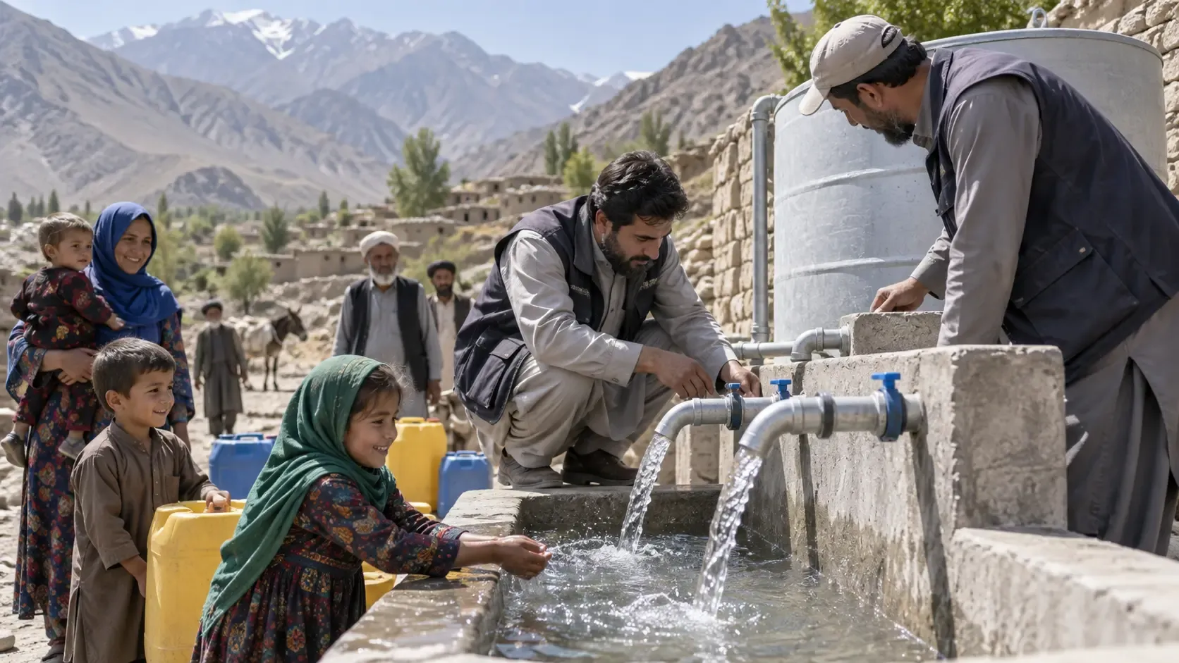 Concept image of a clean-water project in an Afghan mountain community