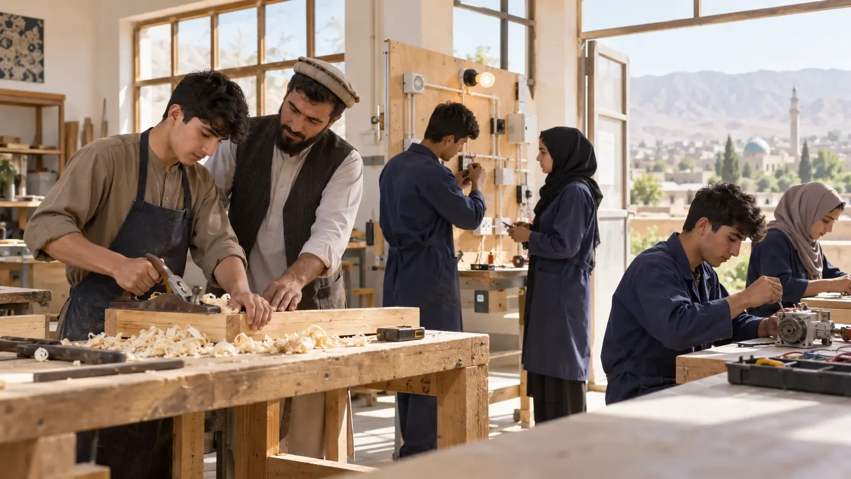 Concept image of vocational education in a technical workshop in Afghanistan